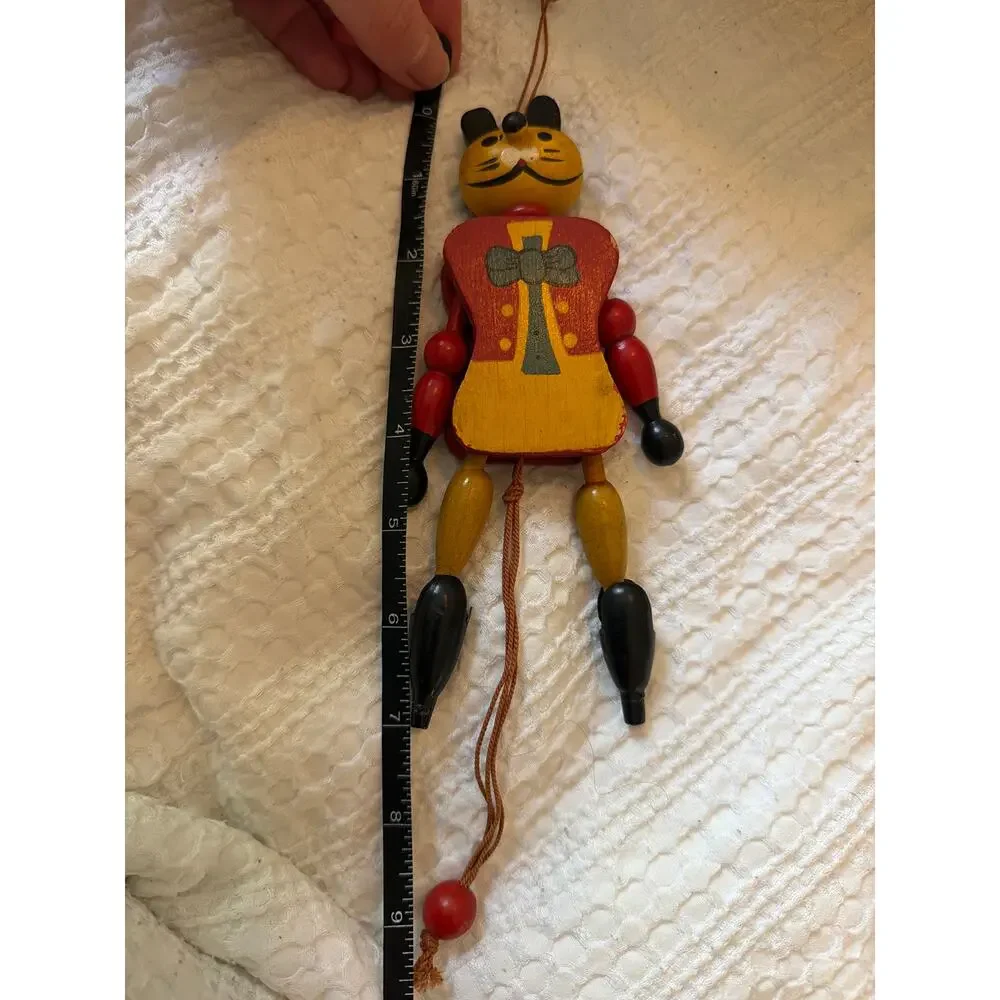 Vintage Wooden Jumping Jack Cat Pull String Hand Painted Folk Art Toy 7